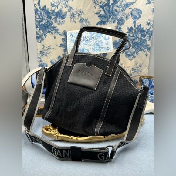 🆕 GANNI 🧿 NWT Small Banner Tote, Black Canvas & Black Leather - Picture 2 of 13